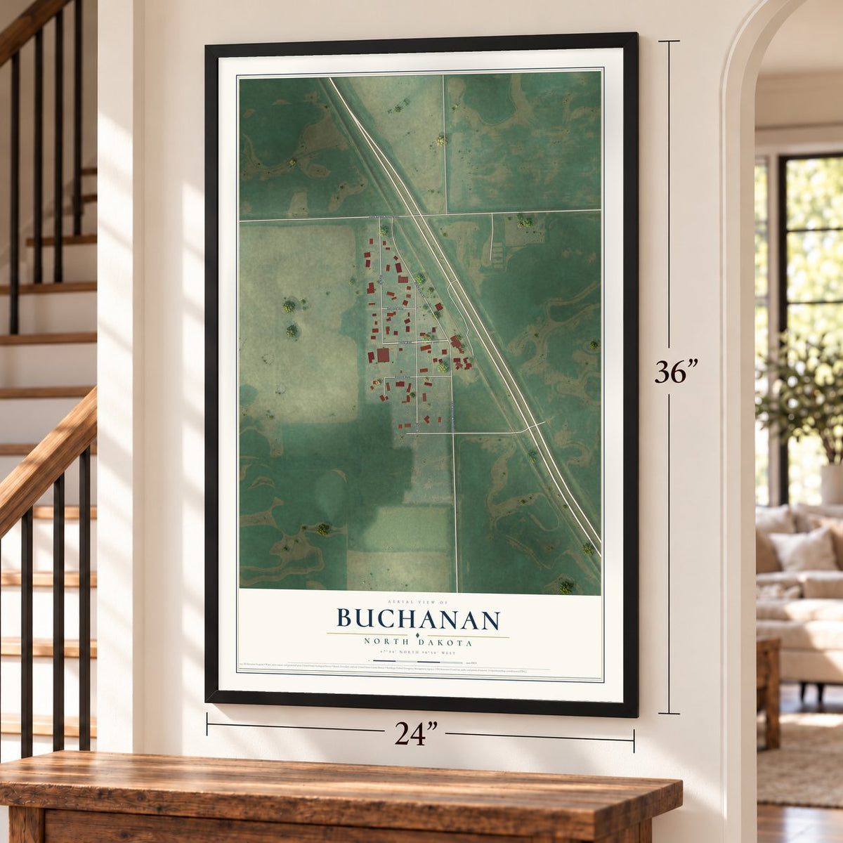 Buchanan, North Dakota map, 24 x 36 inch print in a black frame by a staircase