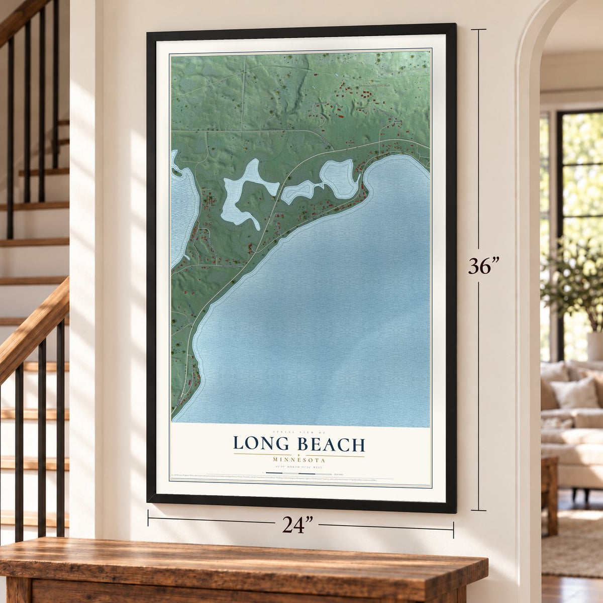 Long Beach, Minnesota map, 24 x 36 inch print in a black frame by a staircase