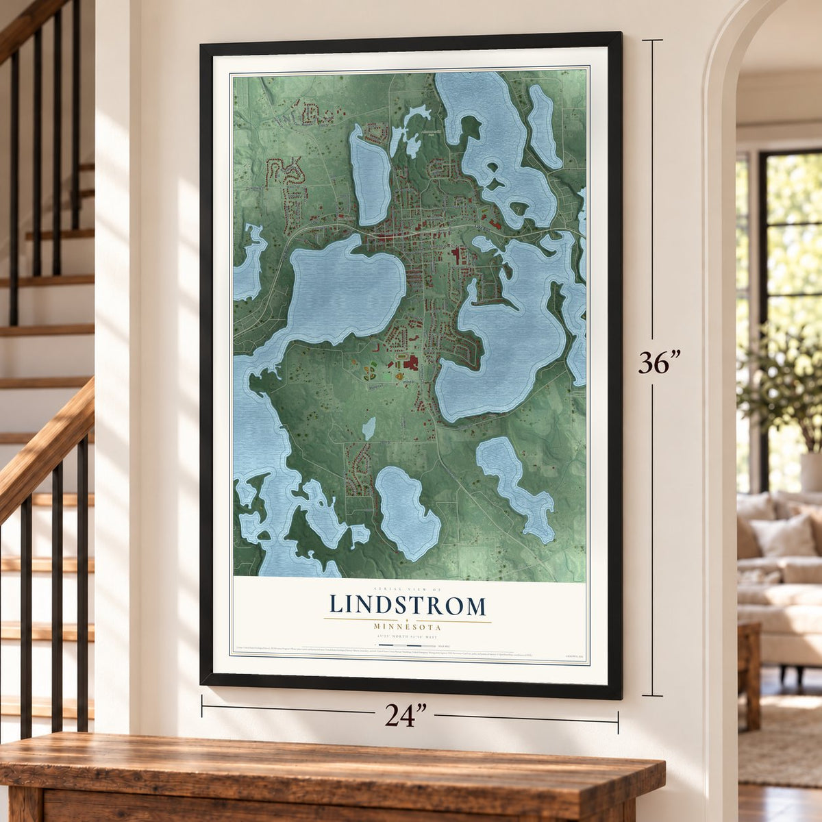 Lindstrom, Minnesota map, 24 x 36 inch print in a black frame by a staircase