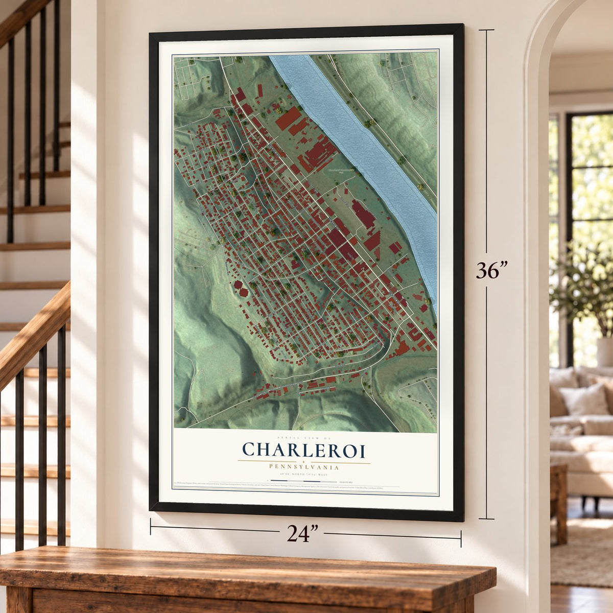 Charleroi, Pennsylvania map, 24 x 36 inch print in a black frame by a staircase