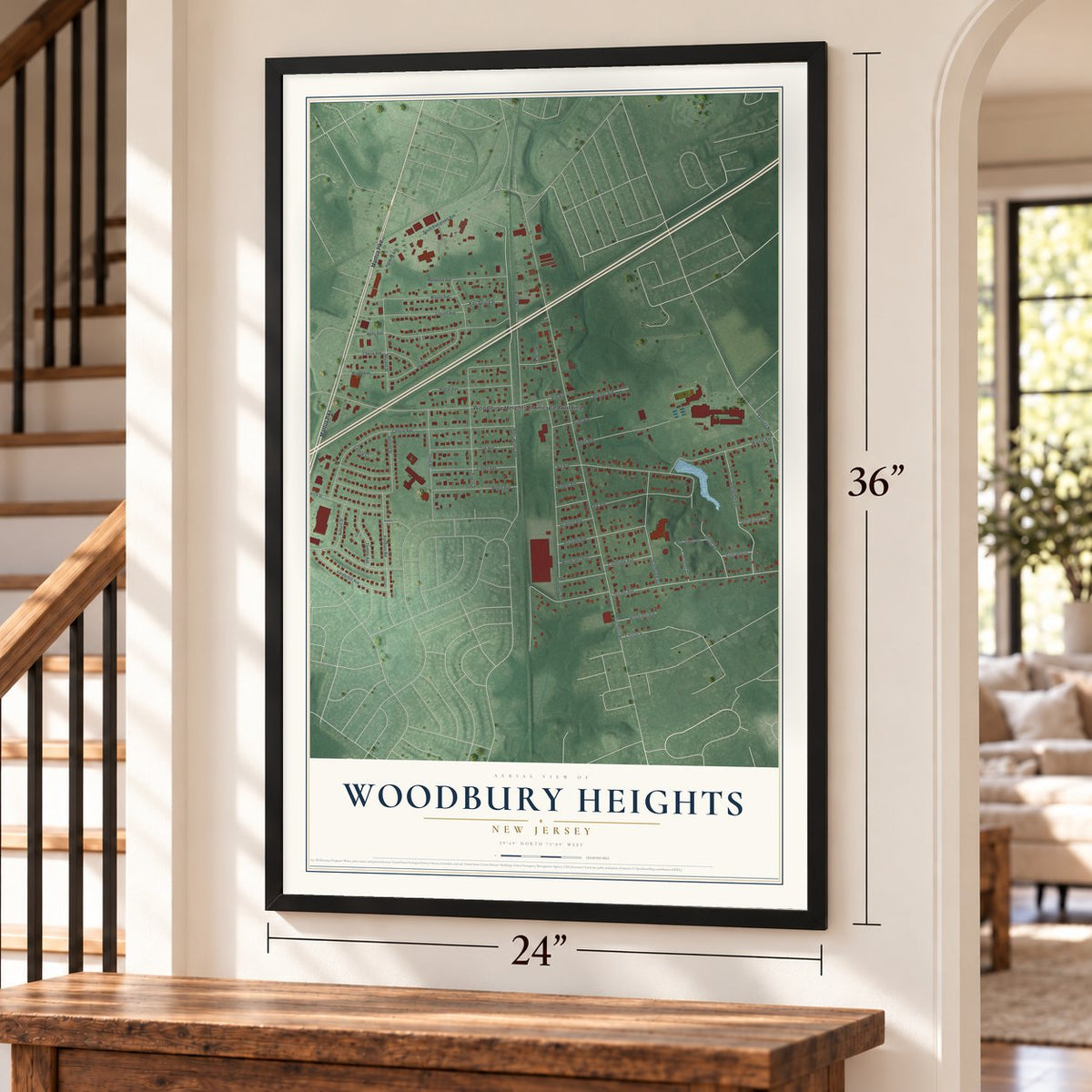 Woodbury Heights, New Jersey map, 24 x 36 inch print in a black frame by a staircase