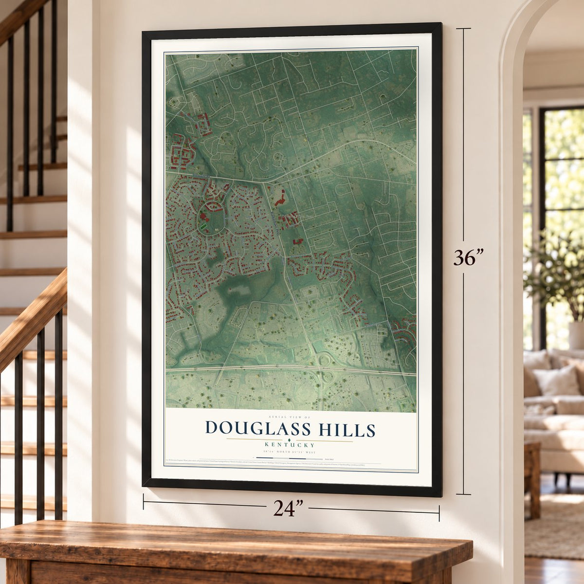 Douglass Hills, Kentucky map, 24 x 36 inch print in a black frame by a staircase