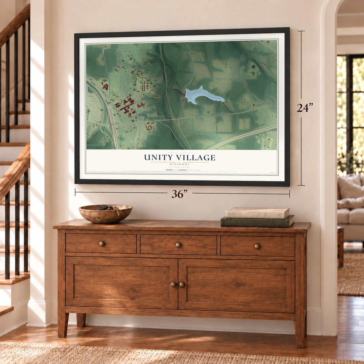 Unity Village, Missouri map, 24 x 36 inch print in a black frame above a dresser by a staircase