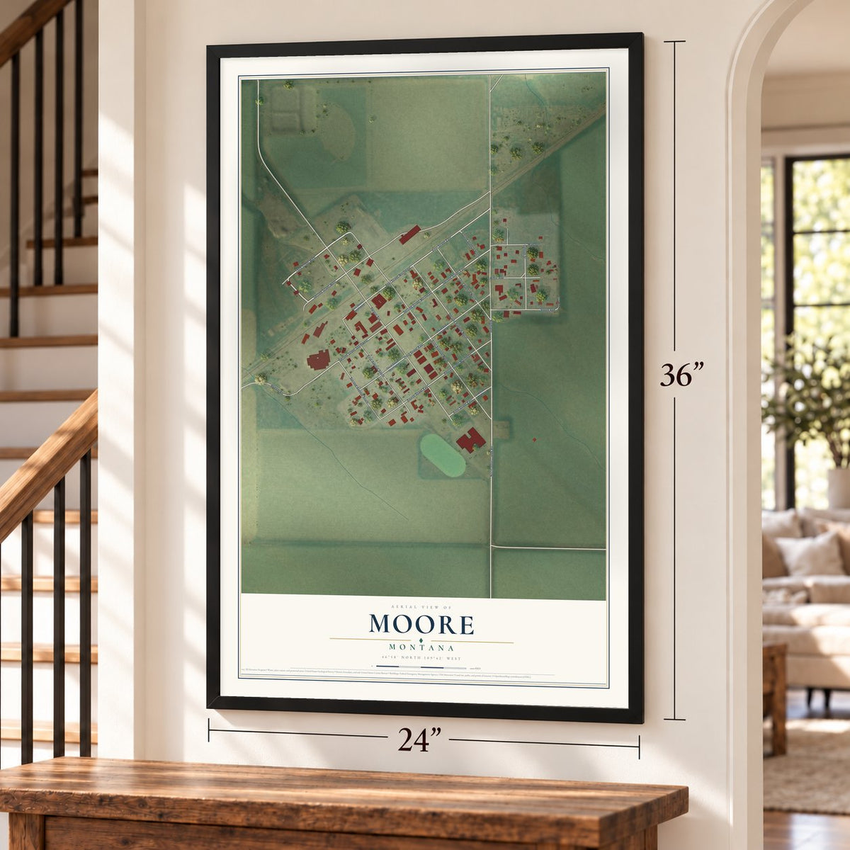 Moore, Montana map, 24 x 36 inch print in a black frame by a staircase