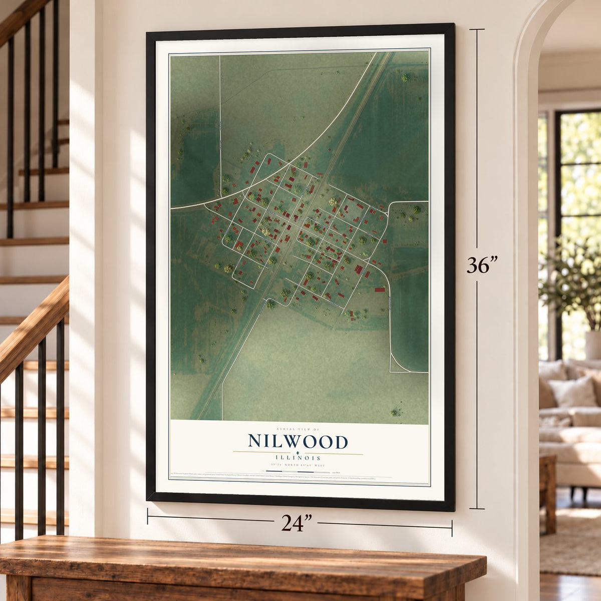 Nilwood, Illinois map, 24 x 36 inch print in a black frame by a staircase