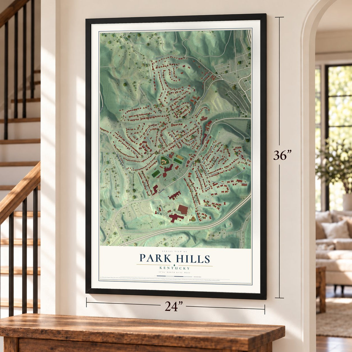 Park Hills, Kentucky map, 24 x 36 inch print in a black frame by a staircase