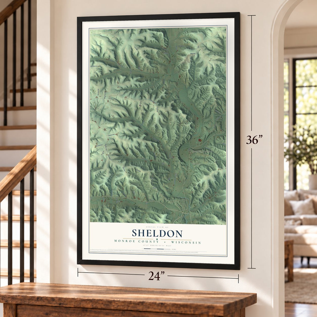 Sheldon, Monroe County, Wisconsin map, 24 x 36 inch print in a black frame by a staircase