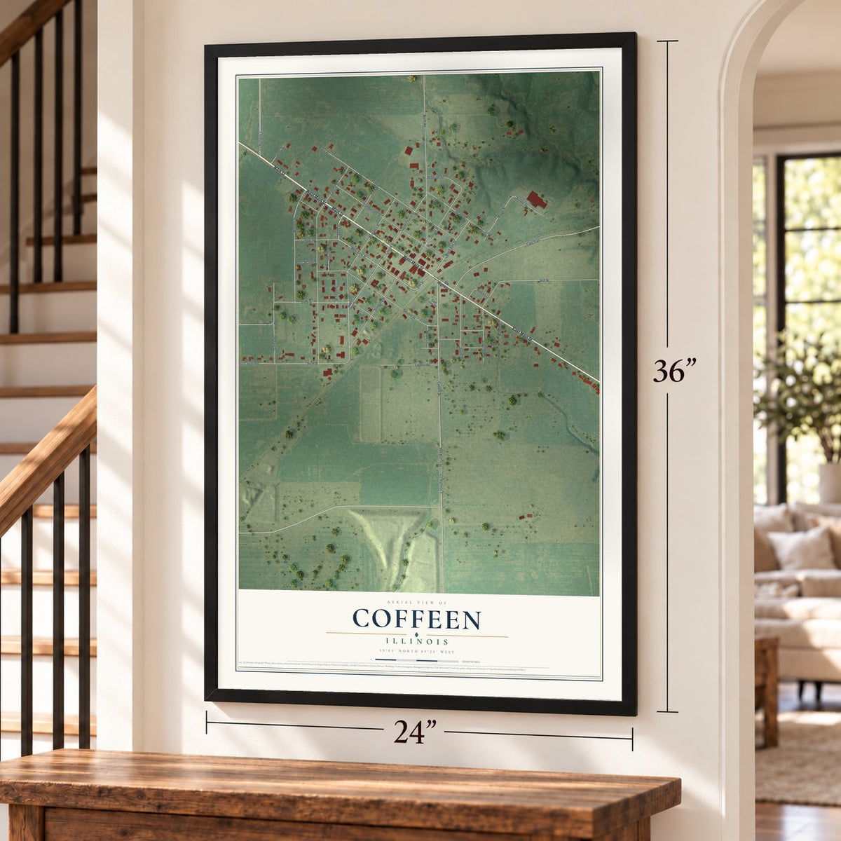 Coffeen, Illinois map, 24 x 36 inch print in a black frame by a staircase