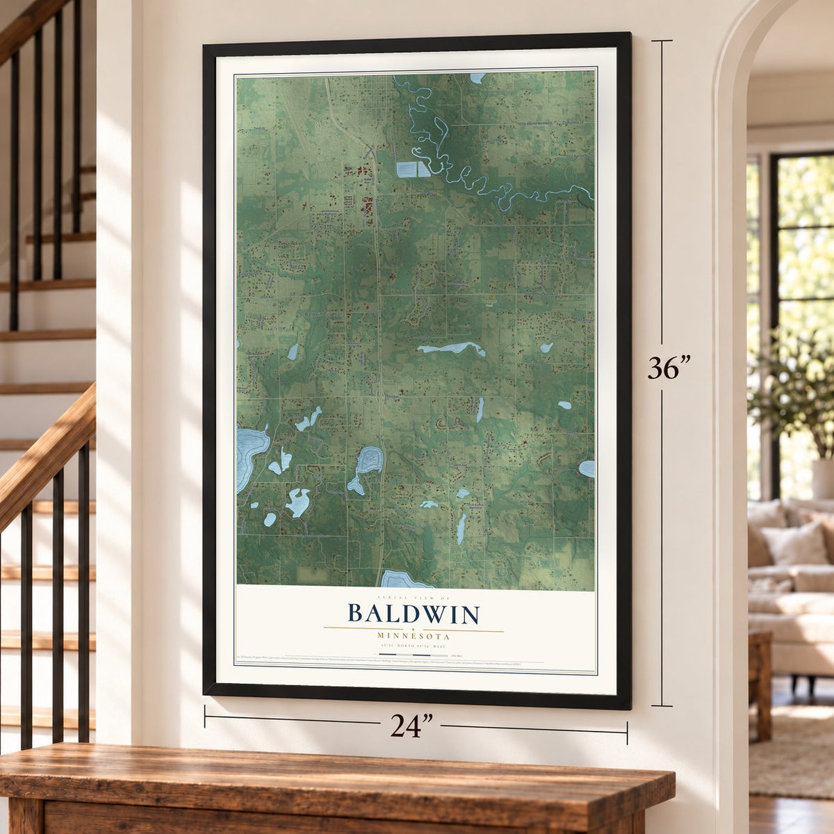Baldwin, Minnesota map, 24 x 36 inch print in a black frame by a staircase