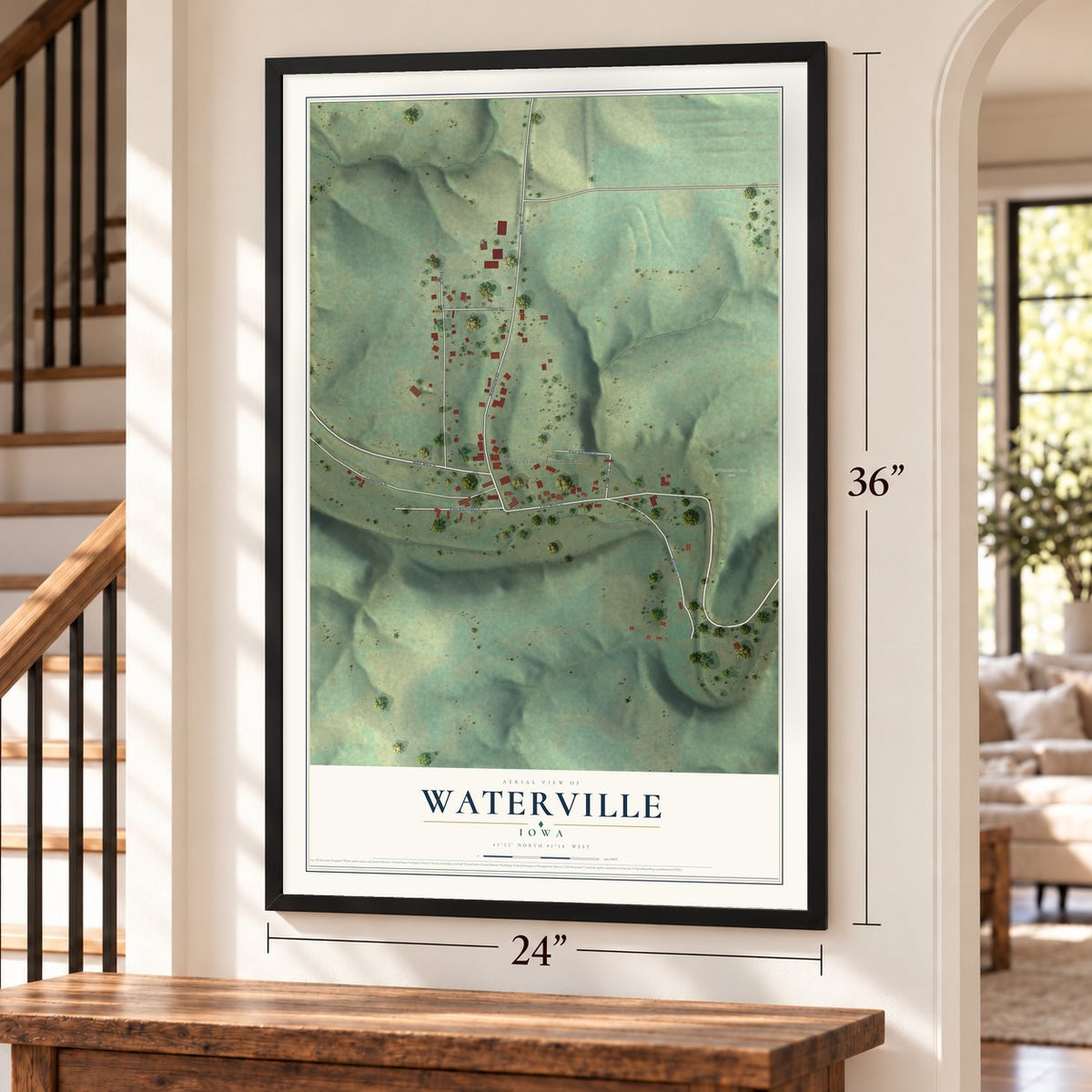 Waterville, Iowa map, 24 x 36 inch print in a black frame by a staircase