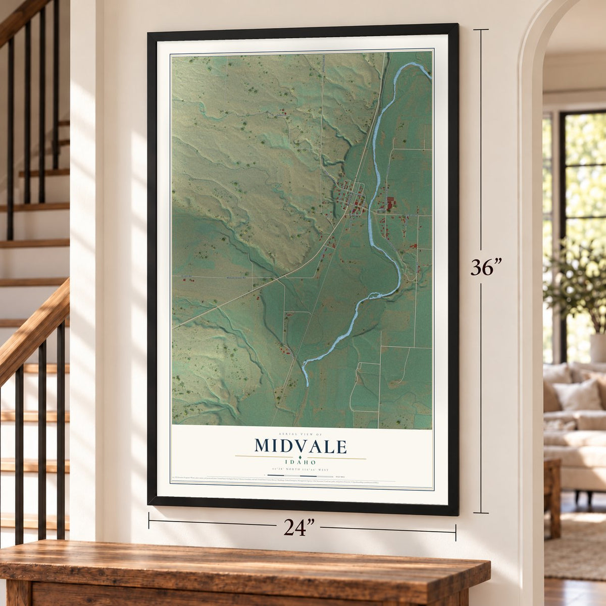 Midvale, Idaho map, 24 x 36 inch print in a black frame by a staircase