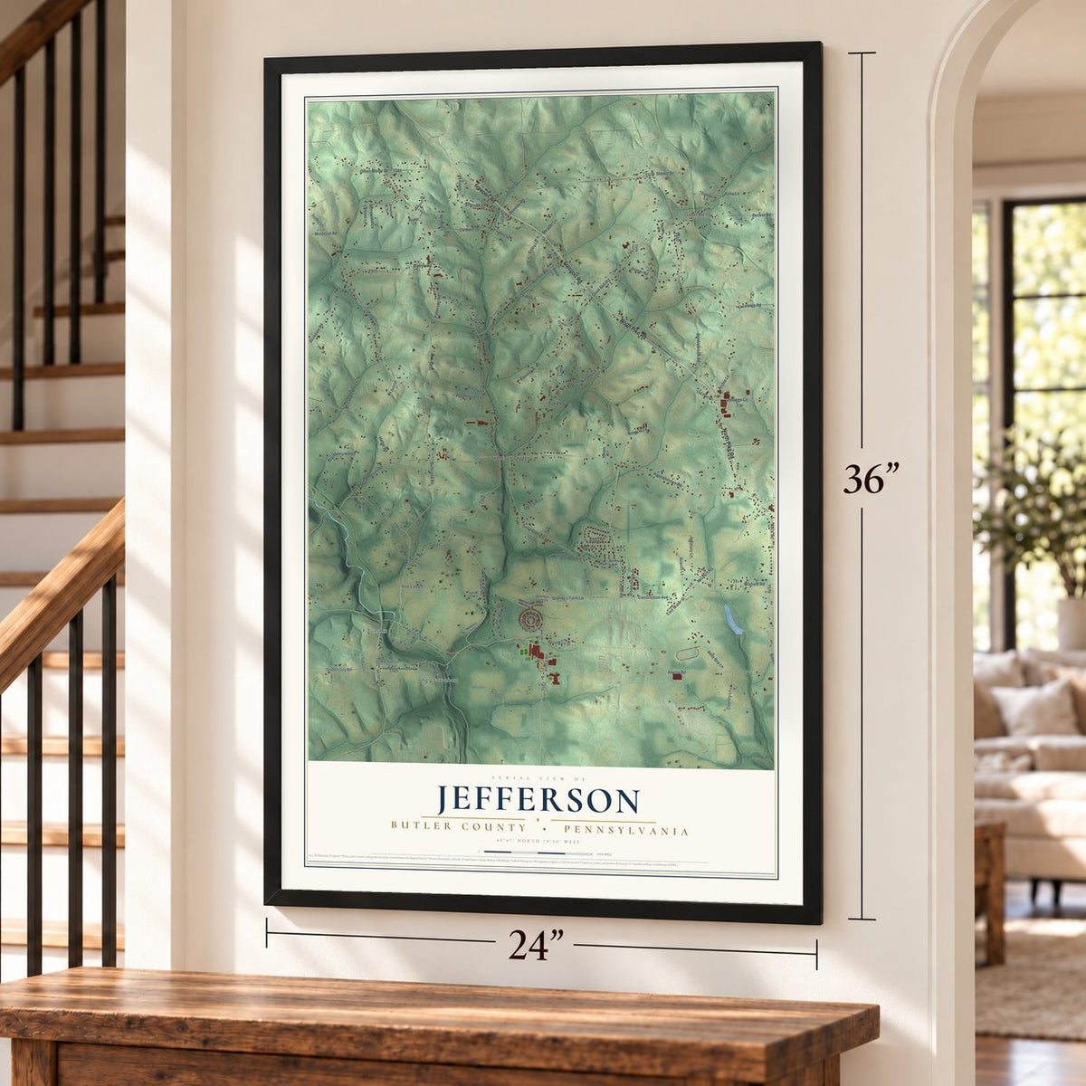 Jefferson, Butler County, Pennsylvania map, 24 x 36 inch print in a black frame by a staircase