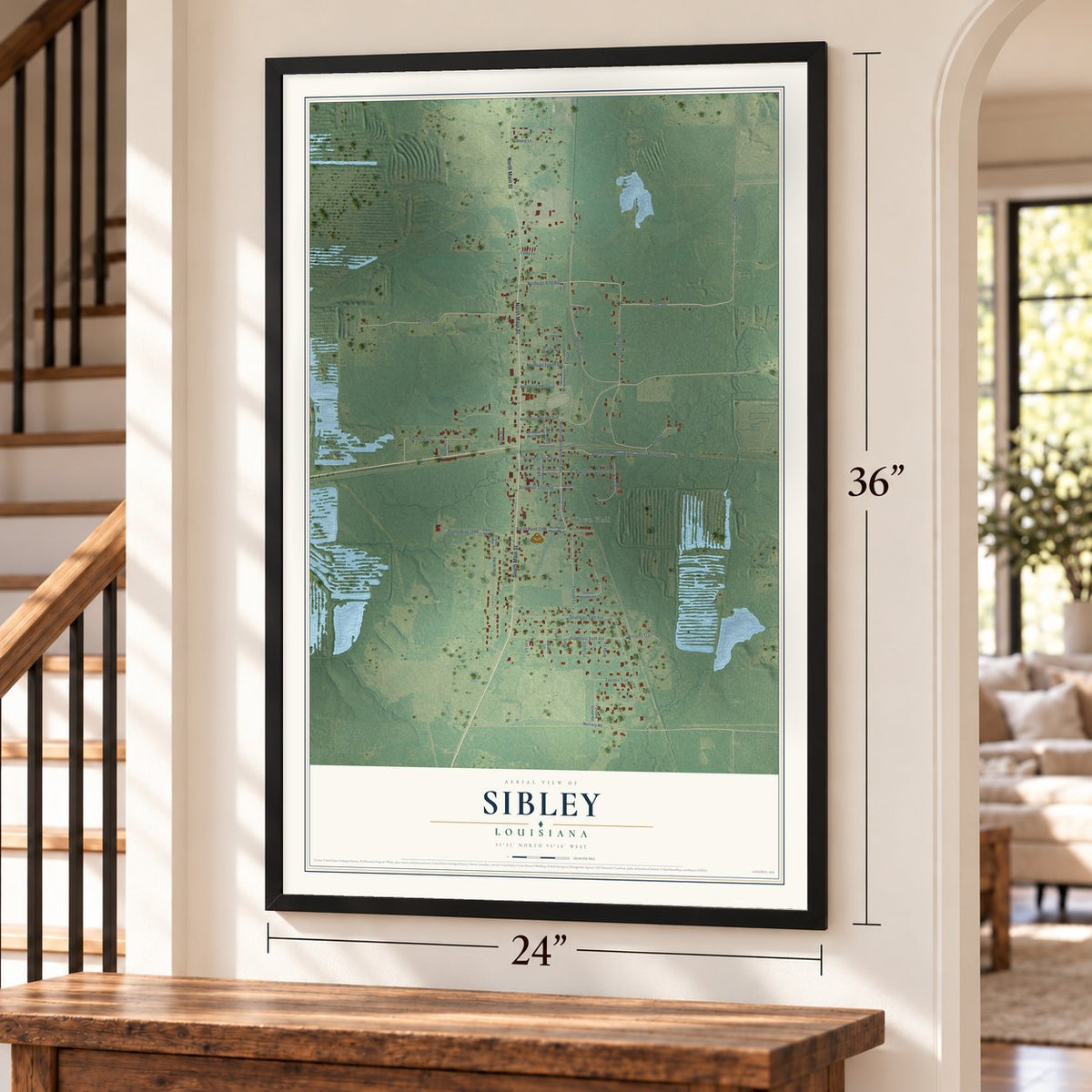 Sibley, Louisiana map, 24 x 36 inch print in a black frame by a staircase
