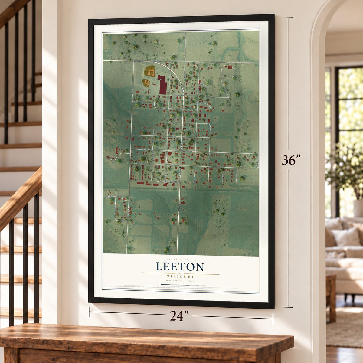 Leeton, Missouri map, 24 x 36 inch print in a black frame by a staircase