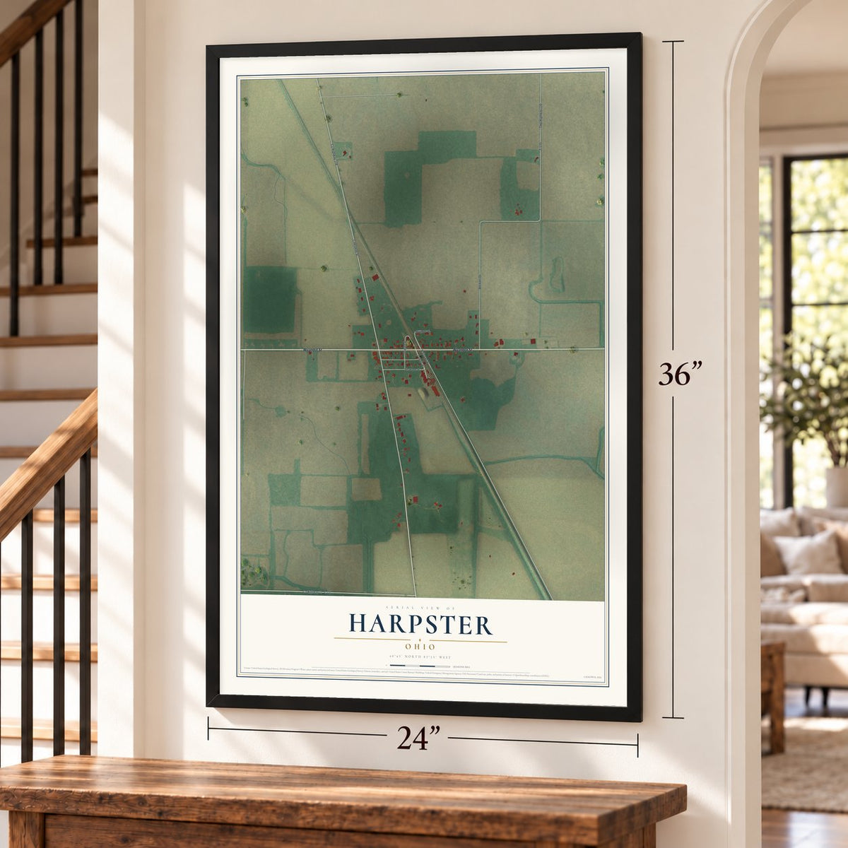 Harpster, Ohio map, 24 x 36 inch print in a black frame by a staircase