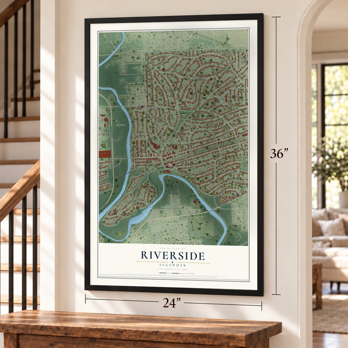 Riverside, Illinois map, 24 x 36 inch print in a black frame by a staircase