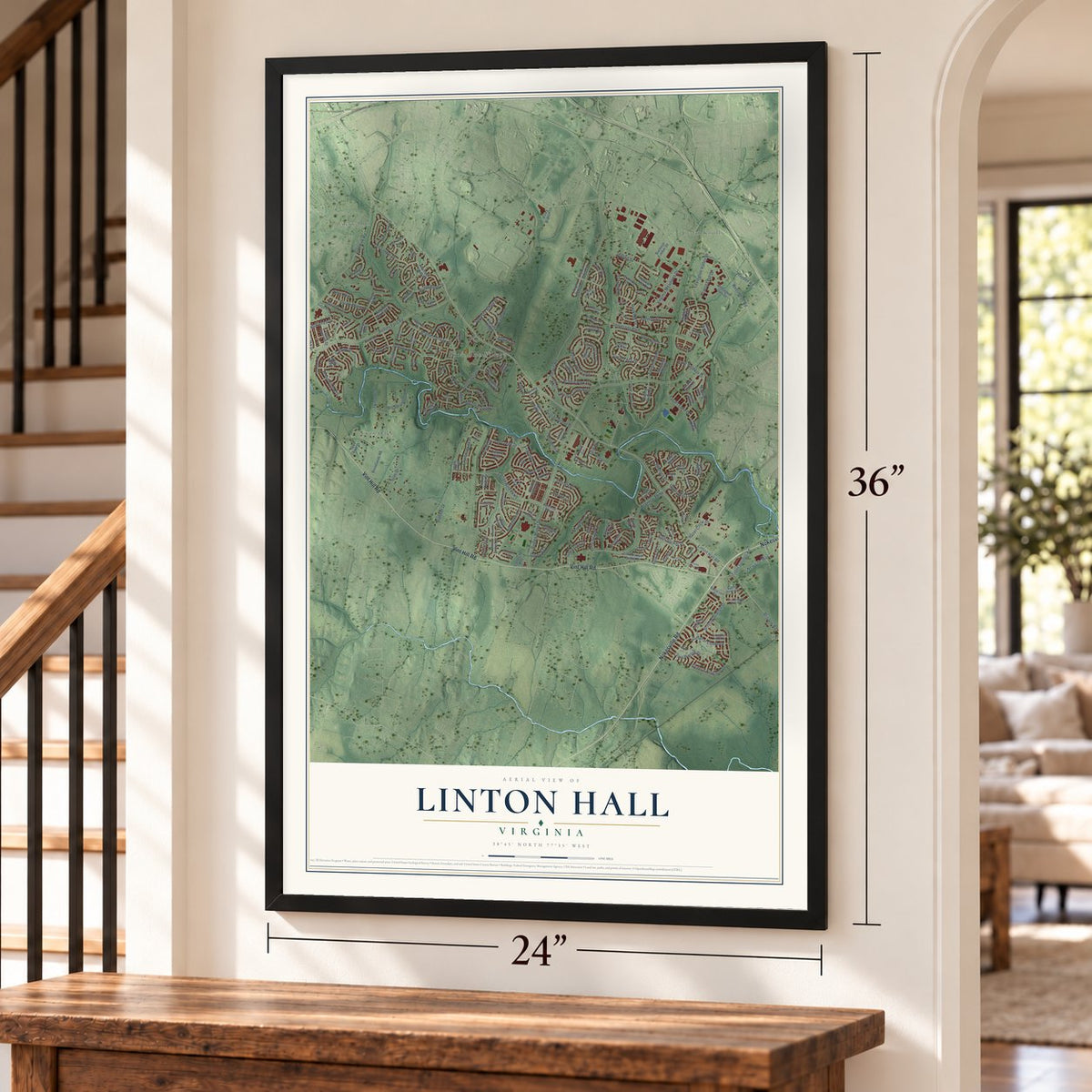 Linton Hall, Virginia map, 24 x 36 inch print in a black frame by a staircase