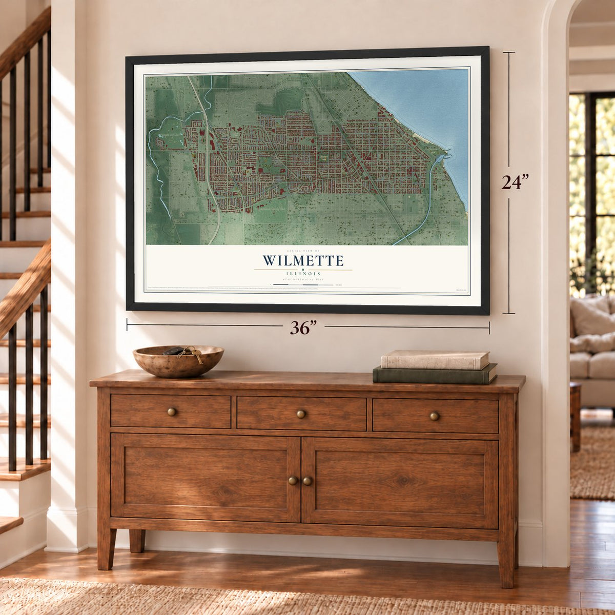 Wilmette, Illinois map, 24 x 36 inch print in a black frame above a dresser by a staircase