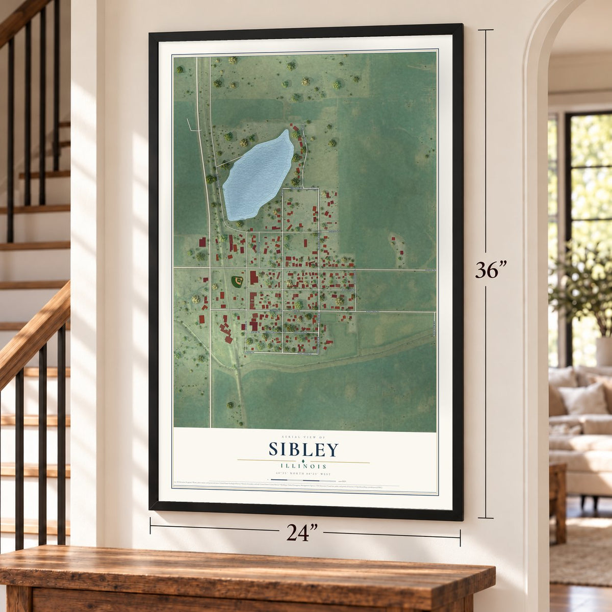 Sibley, Illinois map, 24 x 36 inch print in a black frame by a staircase