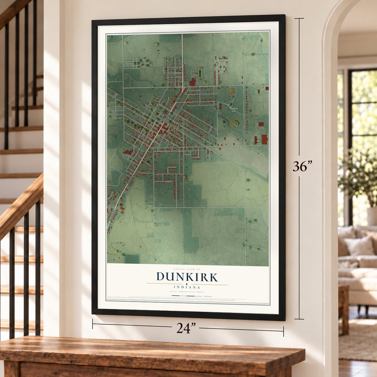 Dunkirk, Indiana map, 24 x 36 inch print in a black frame by a staircase