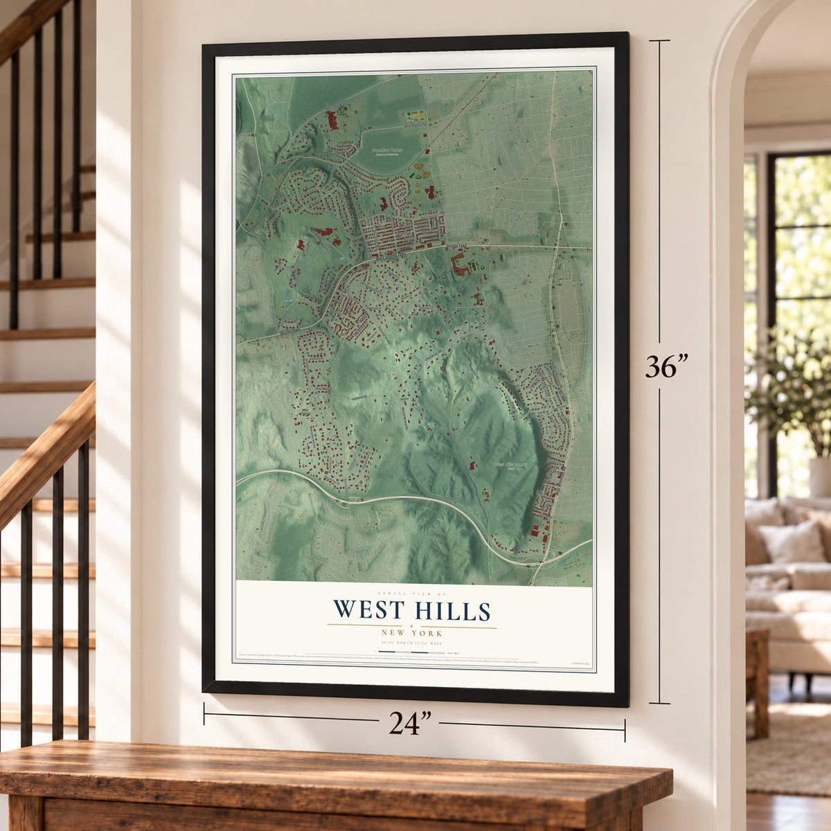 West Hills, New York map, 24 x 36 inch print in a black frame by a staircase