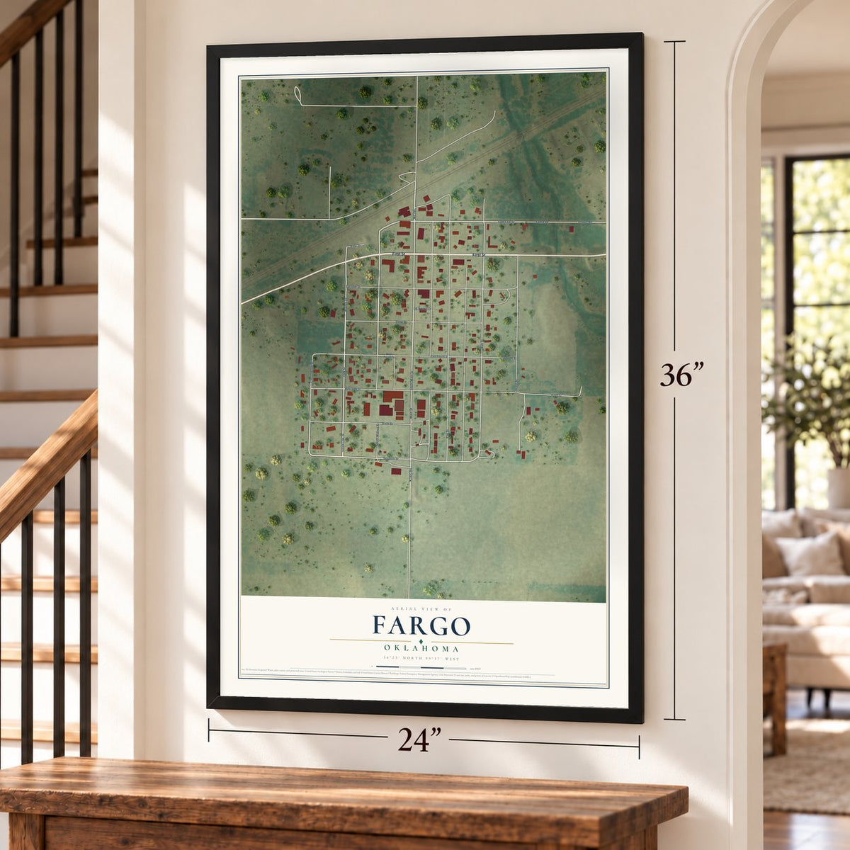 Fargo, Oklahoma map, 24 x 36 inch print in a black frame by a staircase