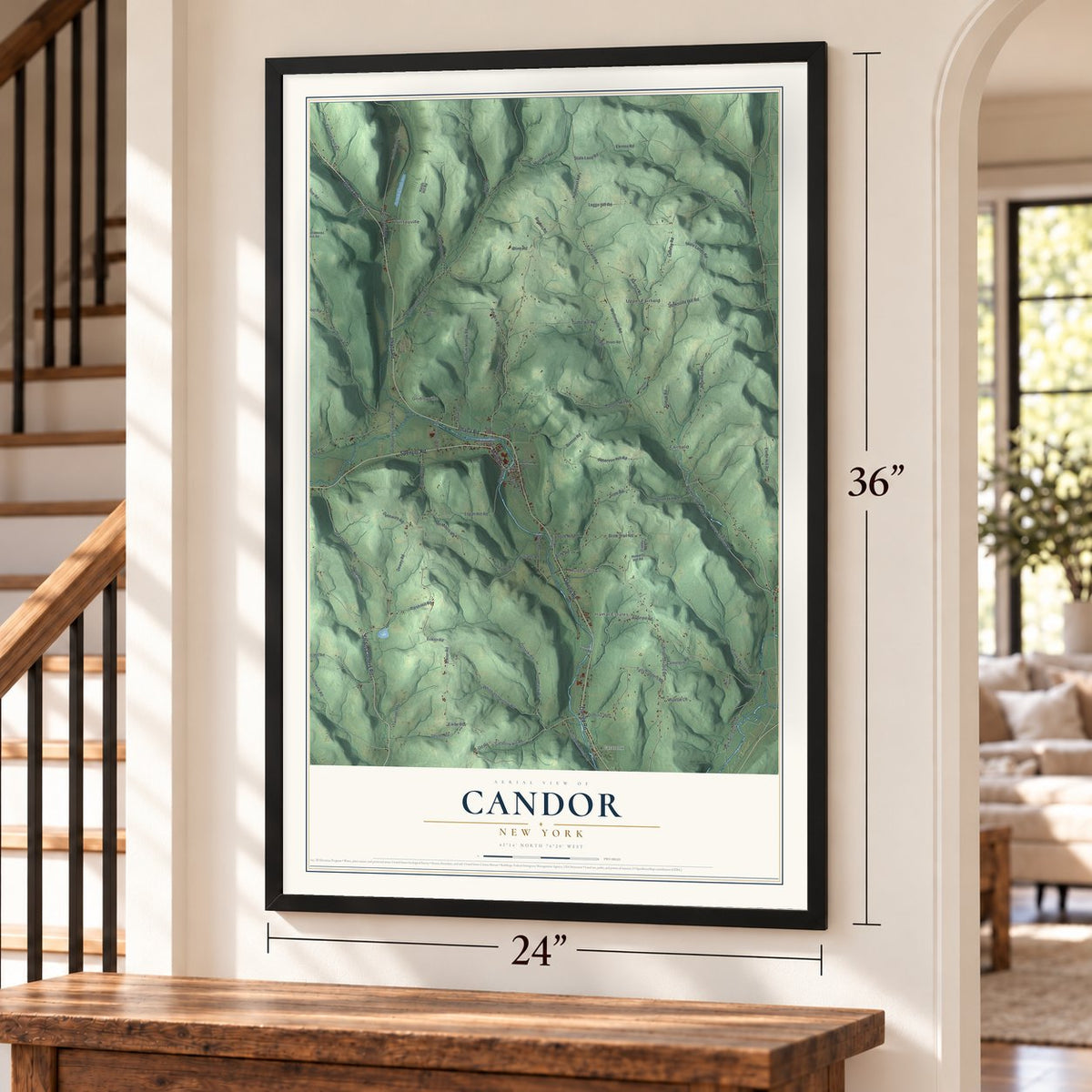 Candor, New York map, 24 x 36 inch print in a black frame by a staircase
