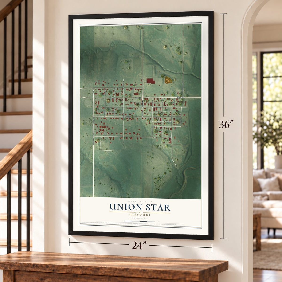 Union Star, Missouri map, 24 x 36 inch print in a black frame by a staircase