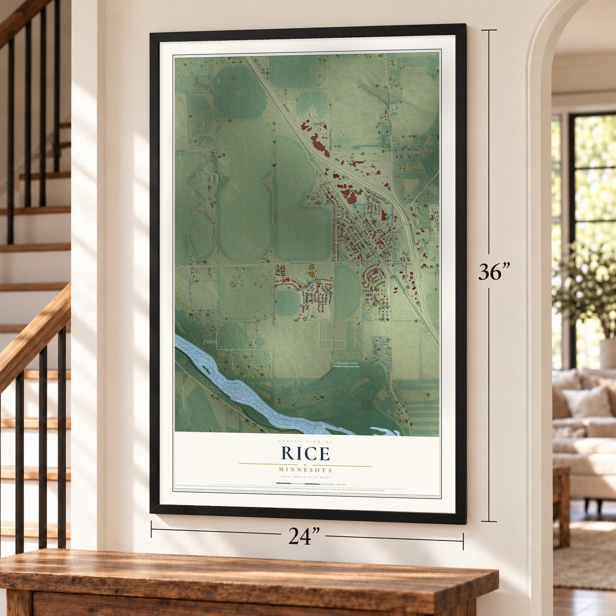 Rice, Minnesota map, 24 x 36 inch print in a black frame by a staircase