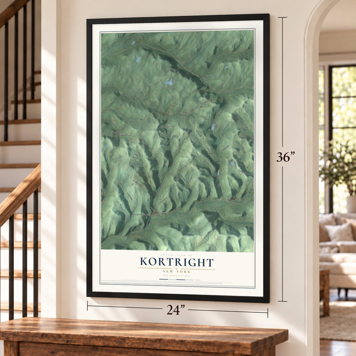 Kortright, New York map, 24 x 36 inch print in a black frame by a staircase
