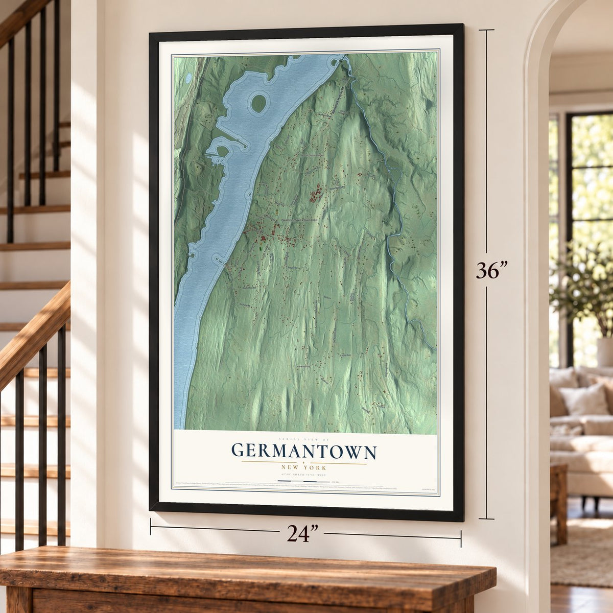 Germantown, New York map, 24 x 36 inch print in a black frame by a staircase