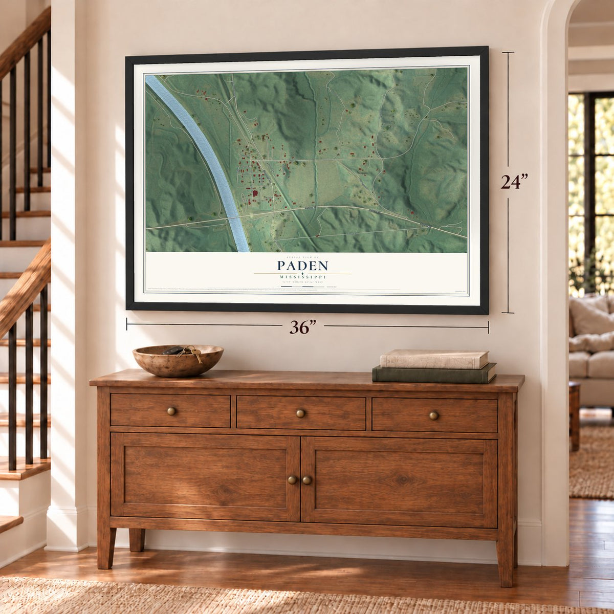 Paden, Mississippi map, 24 x 36 inch print in a black frame above a dresser by a staircase