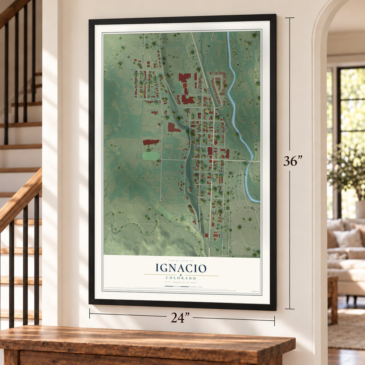 Ignacio, Colorado map, 24 x 36 inch print in a black frame by a staircase