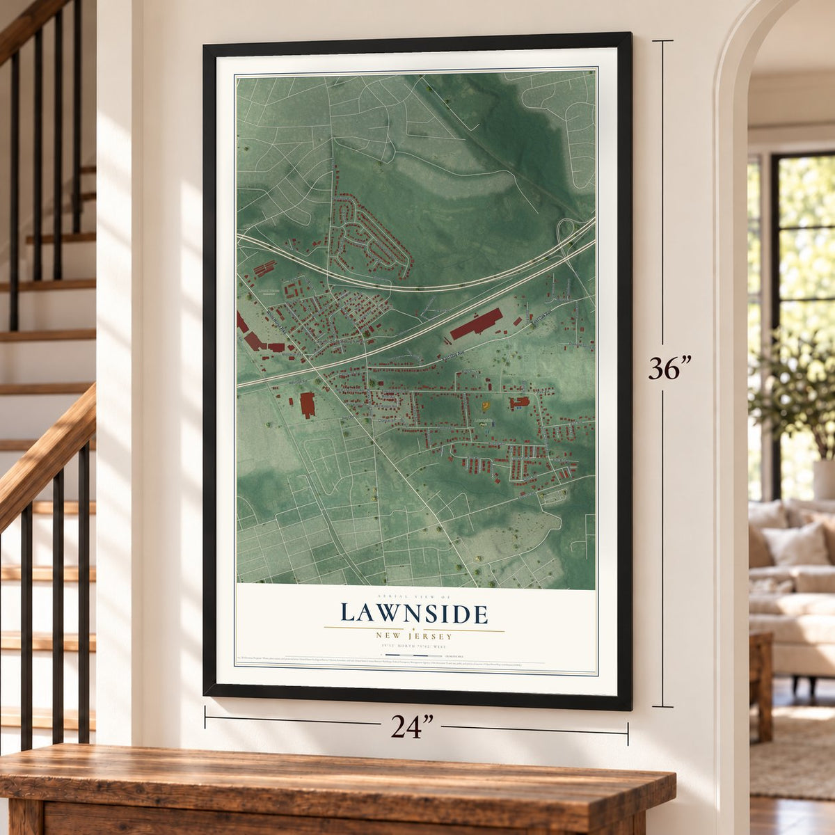 Lawnside, New Jersey map, 24 x 36 inch print in a black frame by a staircase
