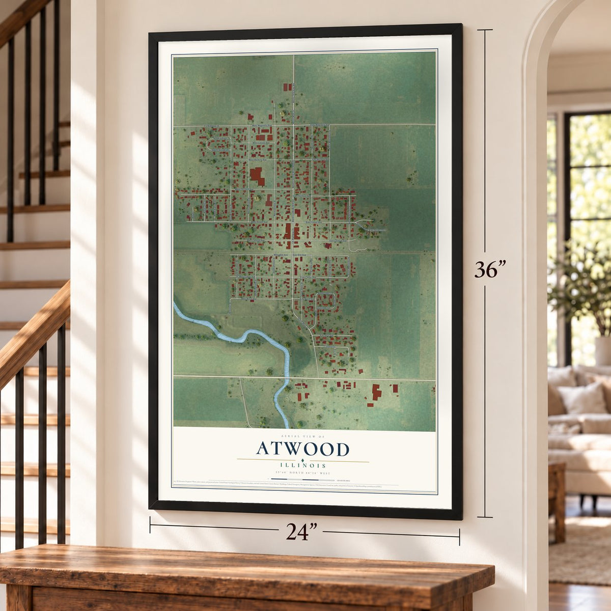 Atwood, Illinois map, 24 x 36 inch print in a black frame by a staircase