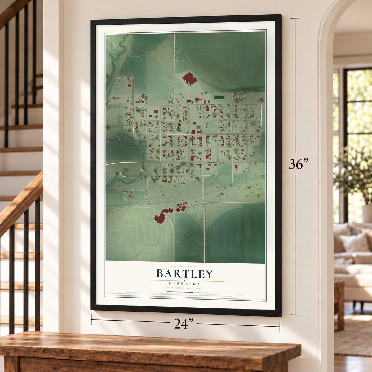 Bartley, Nebraska map, 24 x 36 inch print in a black frame by a staircase