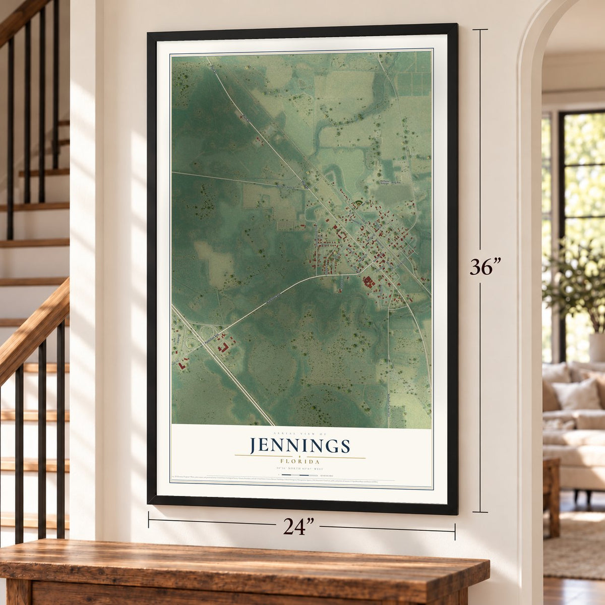 Jennings, Florida map, 24 x 36 inch print in a black frame by a staircase
