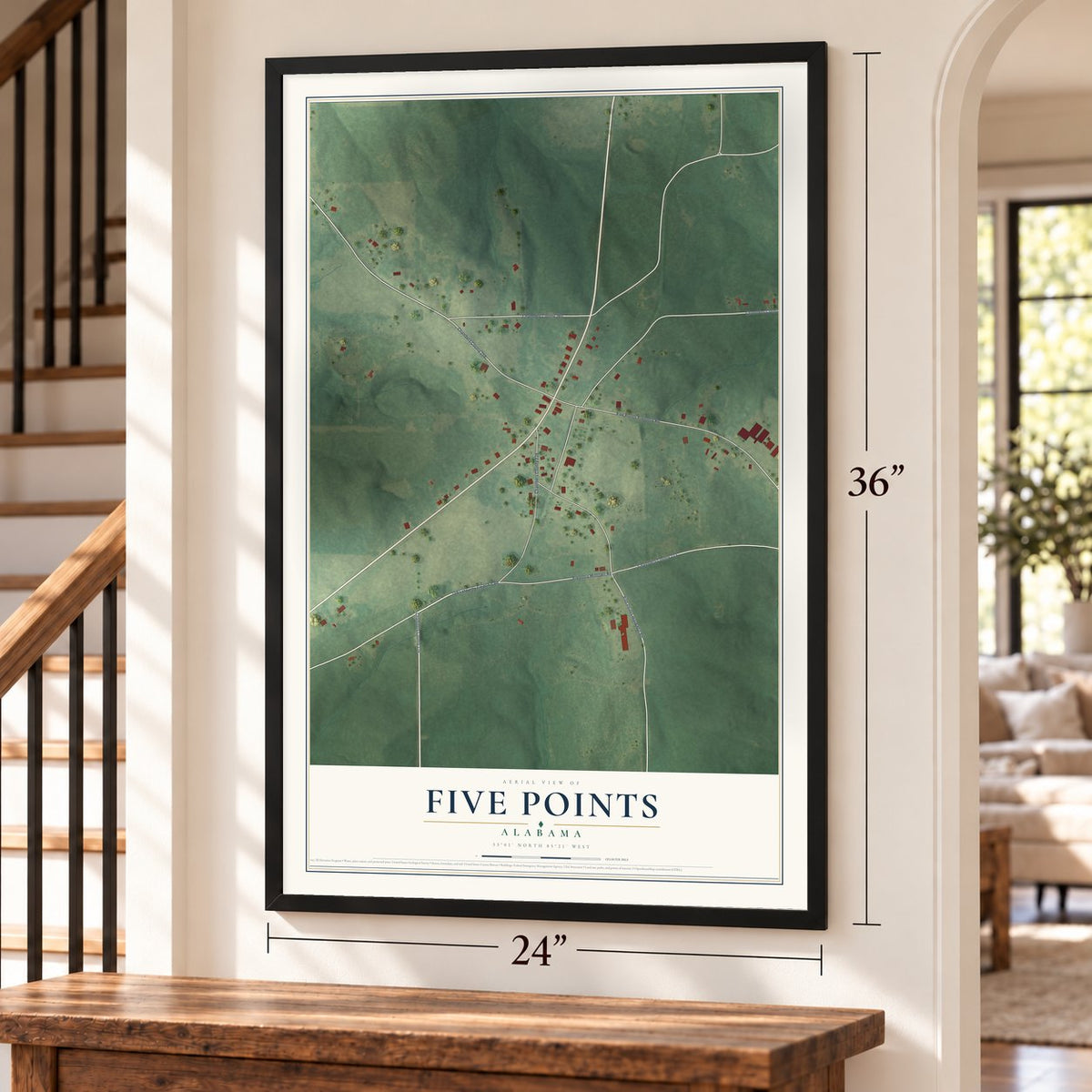 Five Points, Alabama map, 24 x 36 inch print in a black frame by a staircase