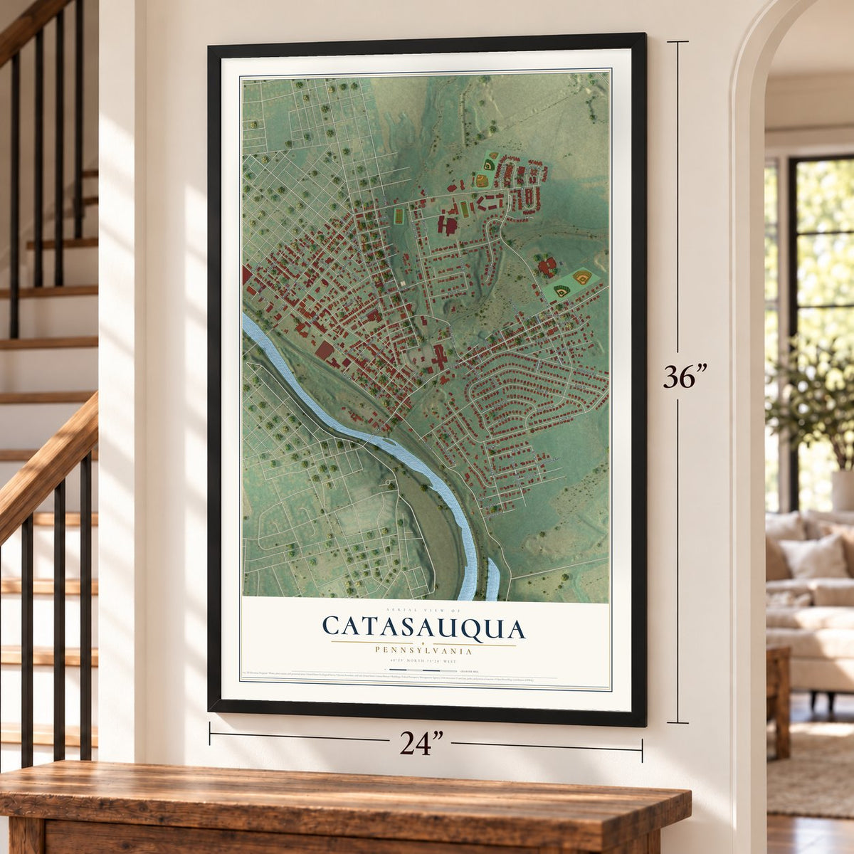 Catasauqua, Pennsylvania map, 24 x 36 inch print in a black frame by a staircase
