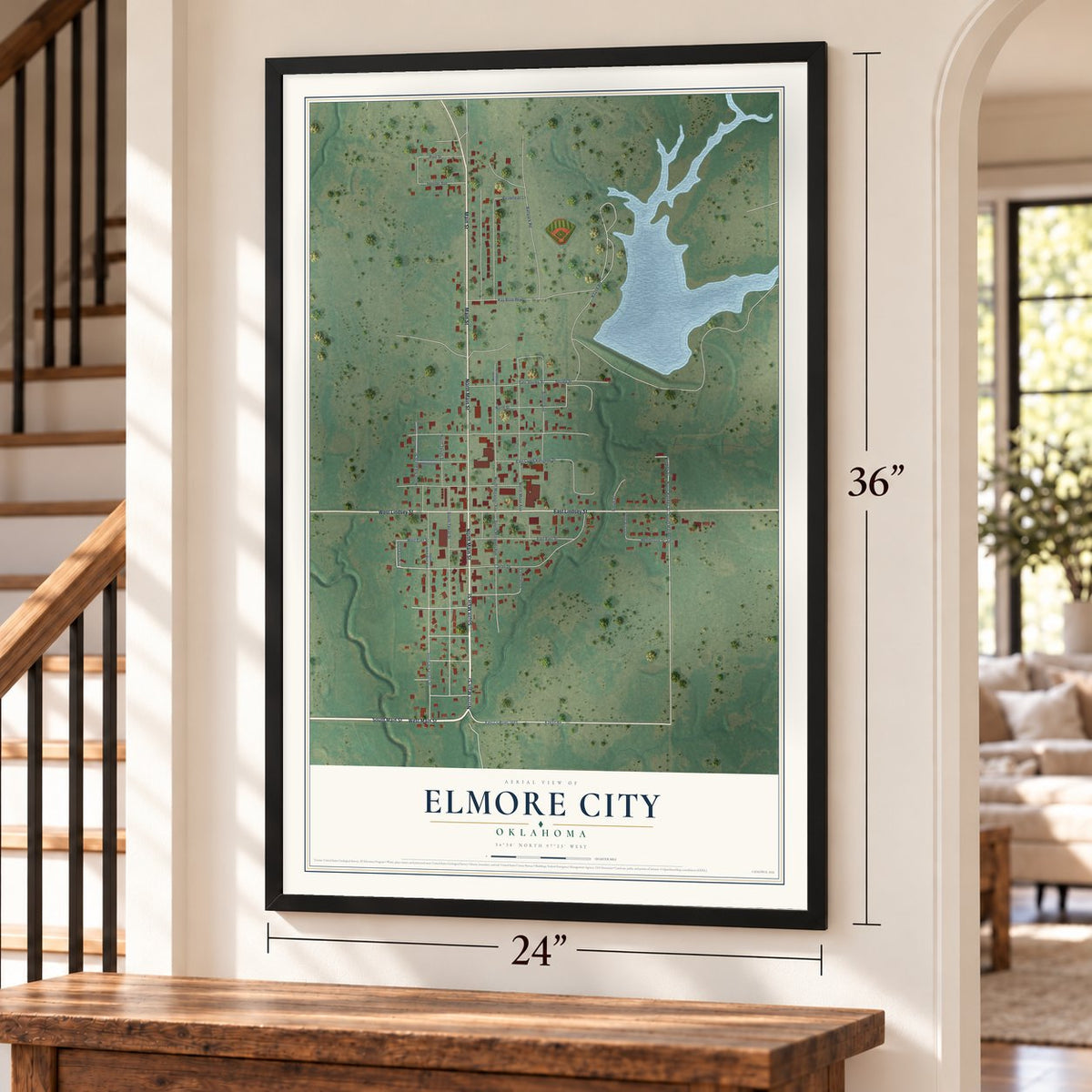 Elmore City, Oklahoma map, 24 x 36 inch print in a black frame by a staircase