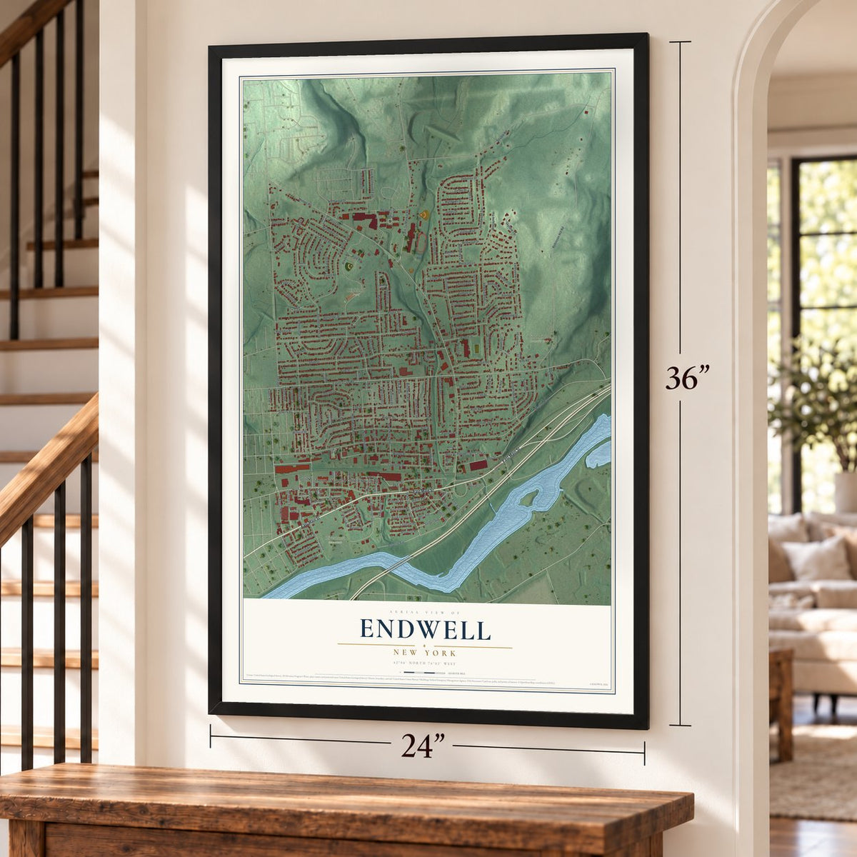 Endwell, New York map, 24 x 36 inch print in a black frame by a staircase