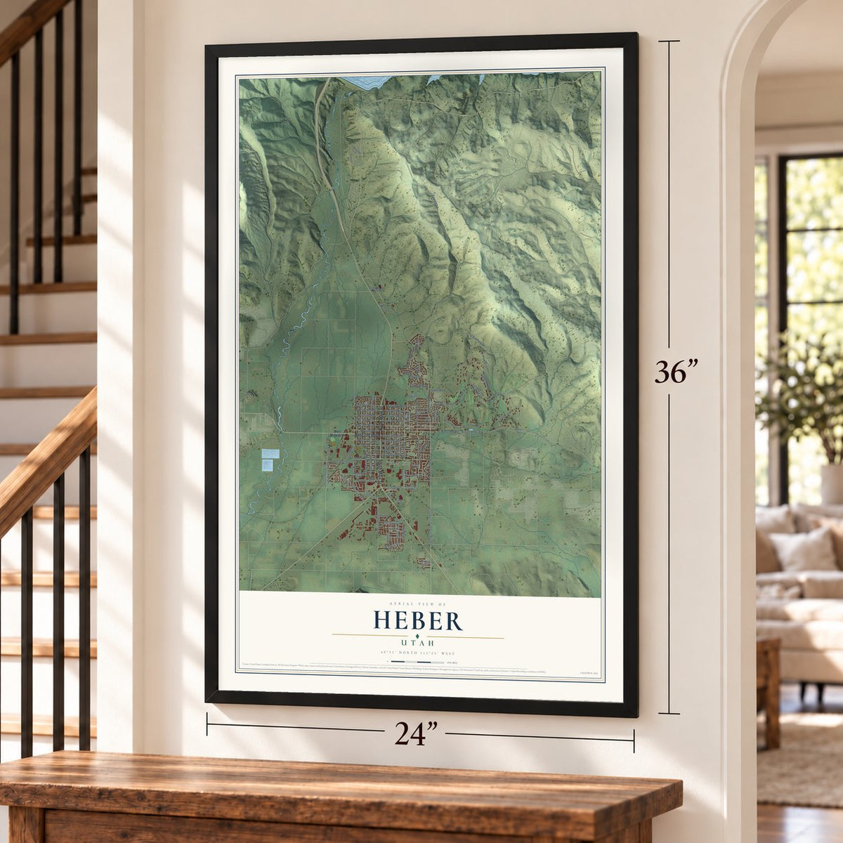 Heber, Utah map, 24 x 36 inch print in a black frame by a staircase