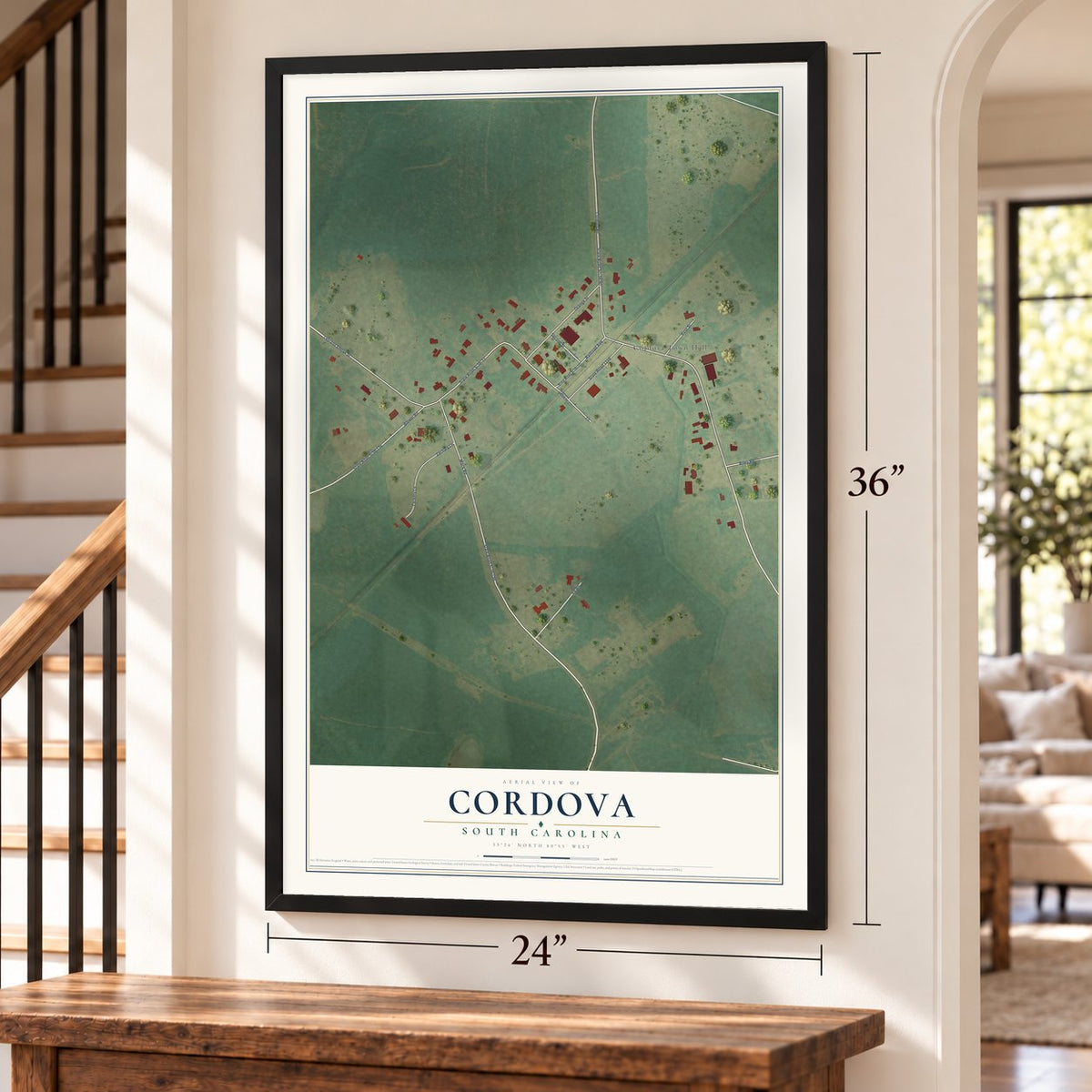 Cordova, South Carolina map, 24 x 36 inch print in a black frame by a staircase