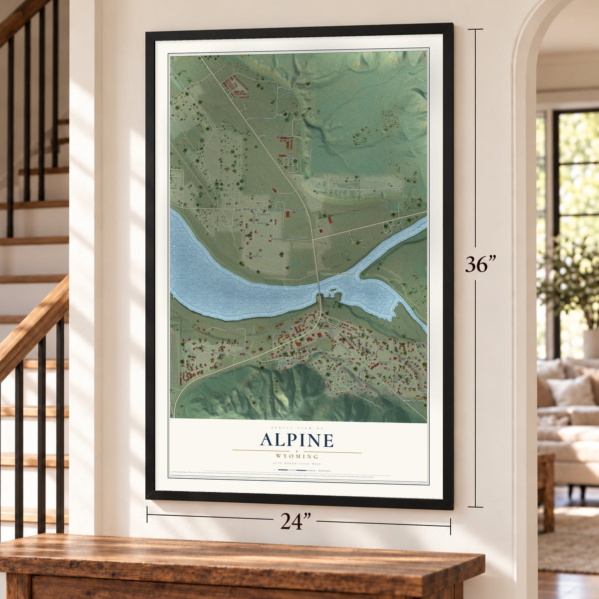 Alpine, Wyoming map, 24 x 36 inch print in a black frame by a staircase