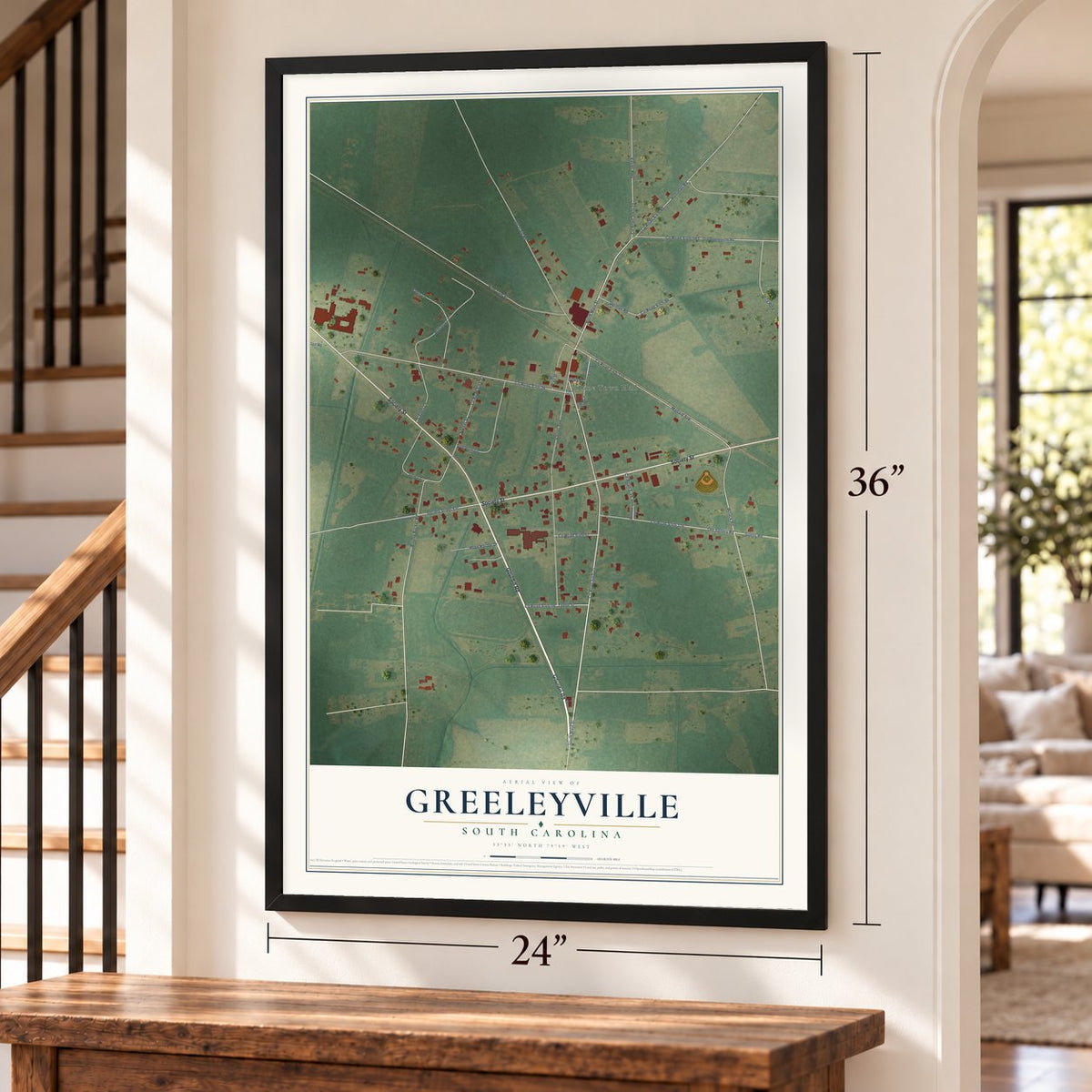 Greeleyville, South Carolina map, 24 x 36 inch print in a black frame by a staircase