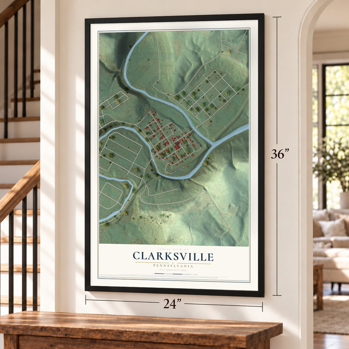 Clarksville, Pennsylvania map, 24 x 36 inch print in a black frame by a staircase
