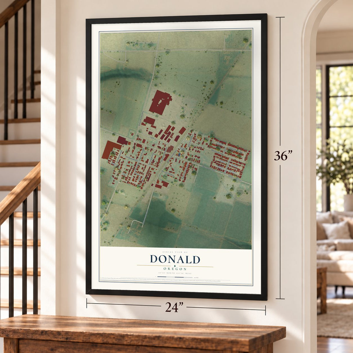 Donald, Oregon map, 24 x 36 inch print in a black frame by a staircase
