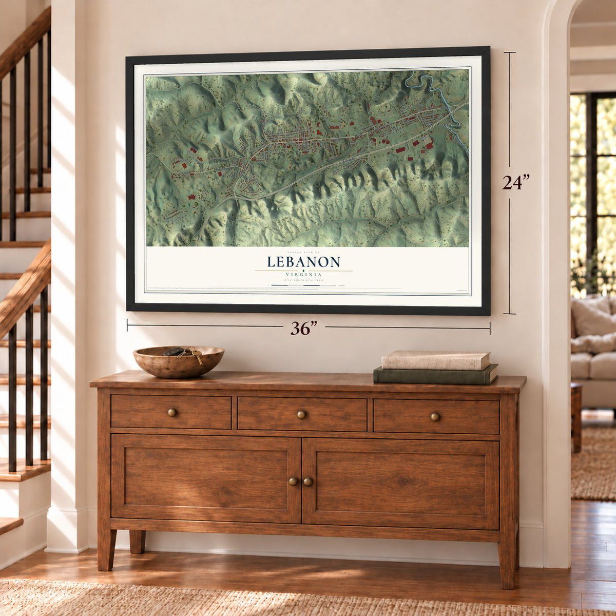 Lebanon, Virginia map, 24 x 36 inch print in a black frame above a dresser by a staircase