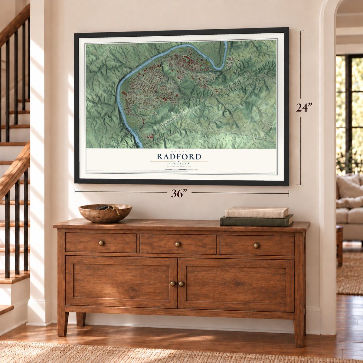 Radford, Virginia map, 24 x 36 inch print in a black frame above a dresser by a staircase