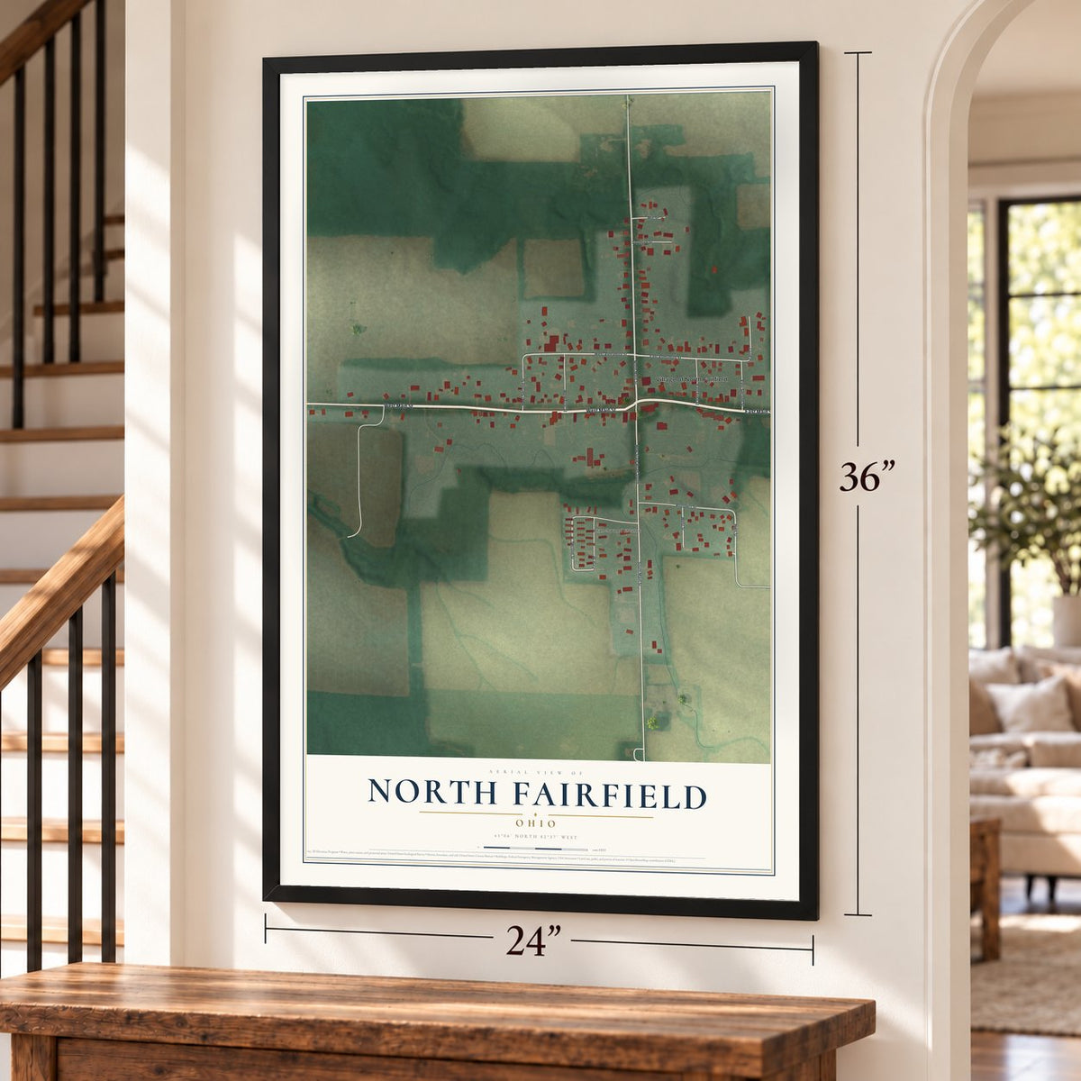 North Fairfield, Ohio map, 24 x 36 inch print in a black frame by a staircase